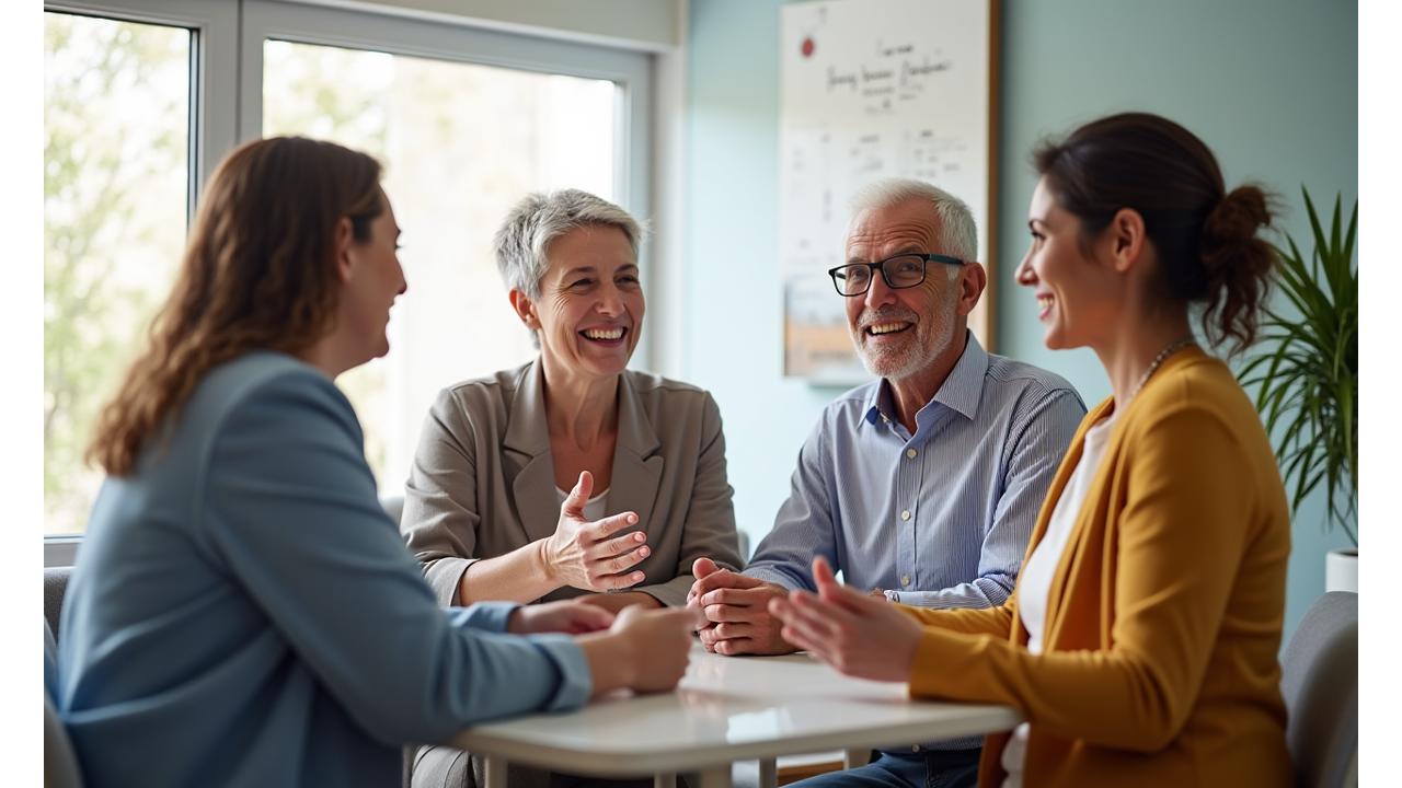 Team of Lebenskraft-Wellen engaged in a conversation, symbolizing open communication and support.